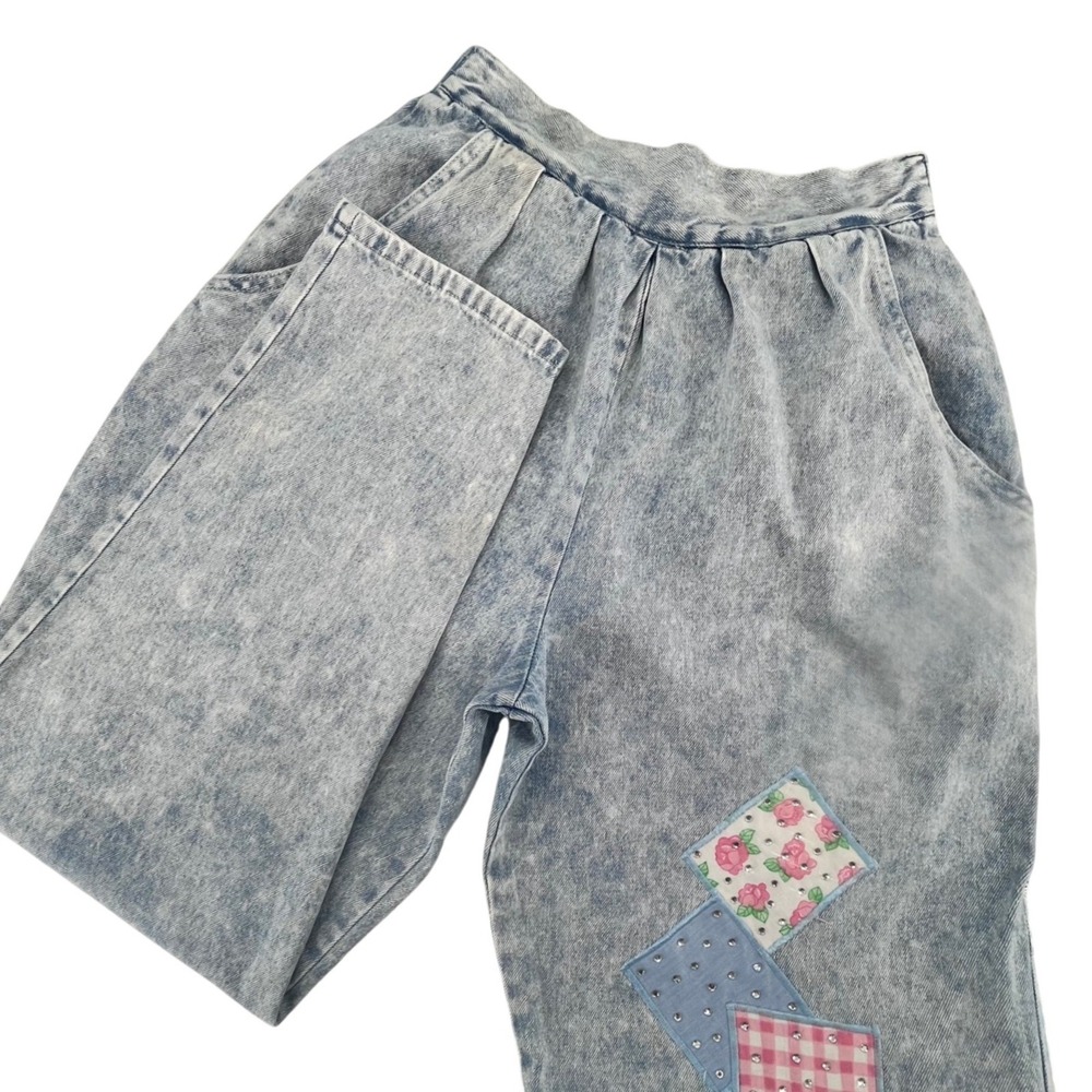 Vintage Mom Jeans Womens Small Blue‎ Acid Wash High Waist Pleated Patchwork